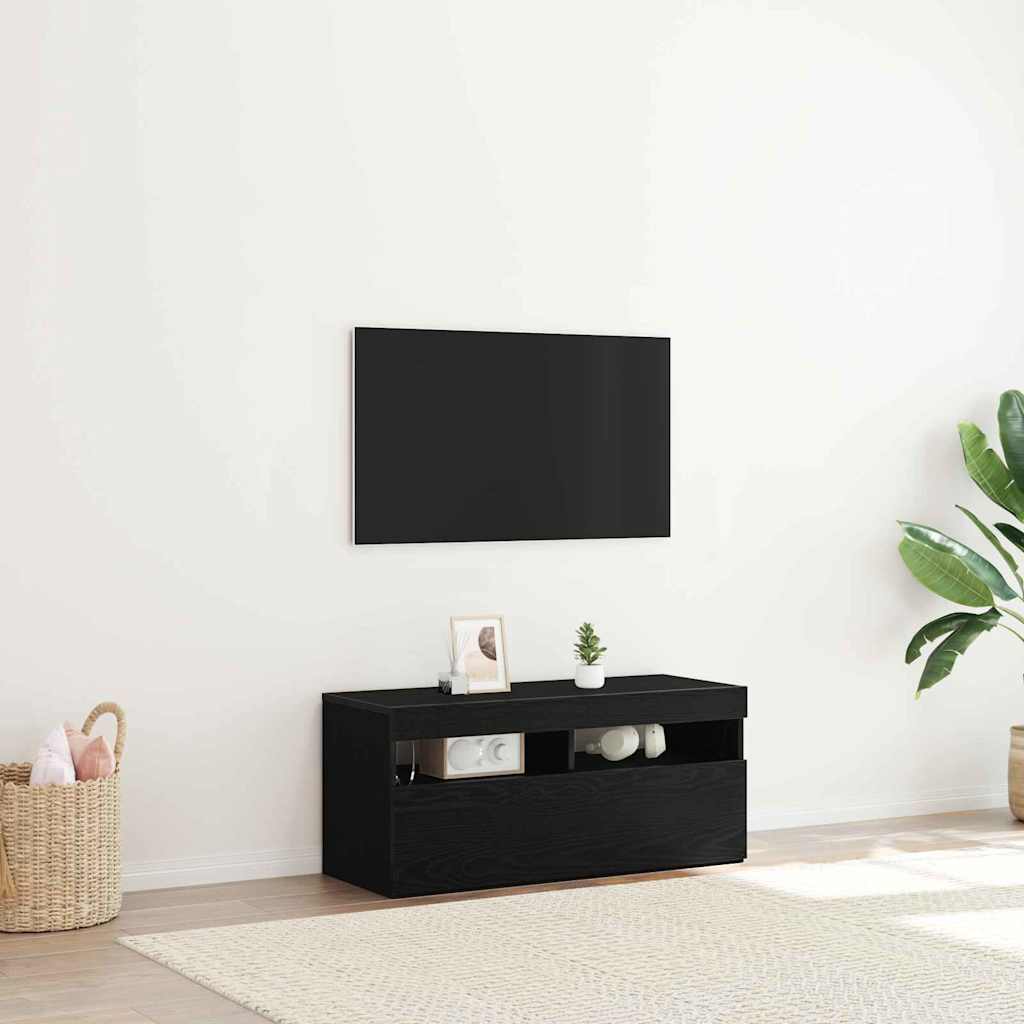 TV Cabinet with LED Black Oak 90 x 35 x 40 cm Engineered Wood