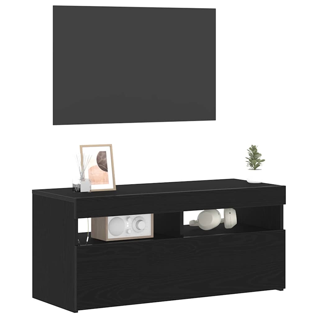 TV Cabinet with LED Black Oak 90 x 35 x 40 cm Engineered Wood