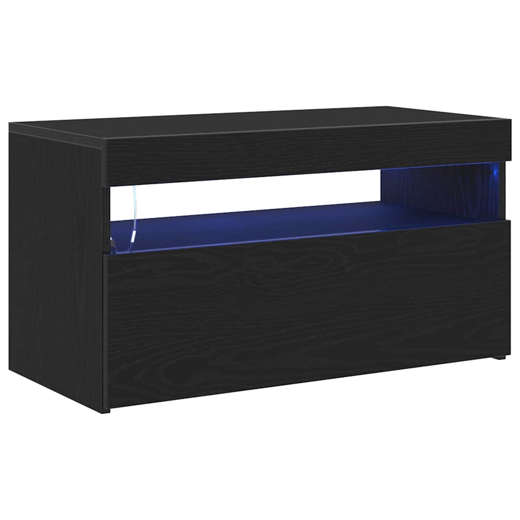 TV Cabinet with LED Black Oak 75 x 35 x 40 cm Engineered Wood