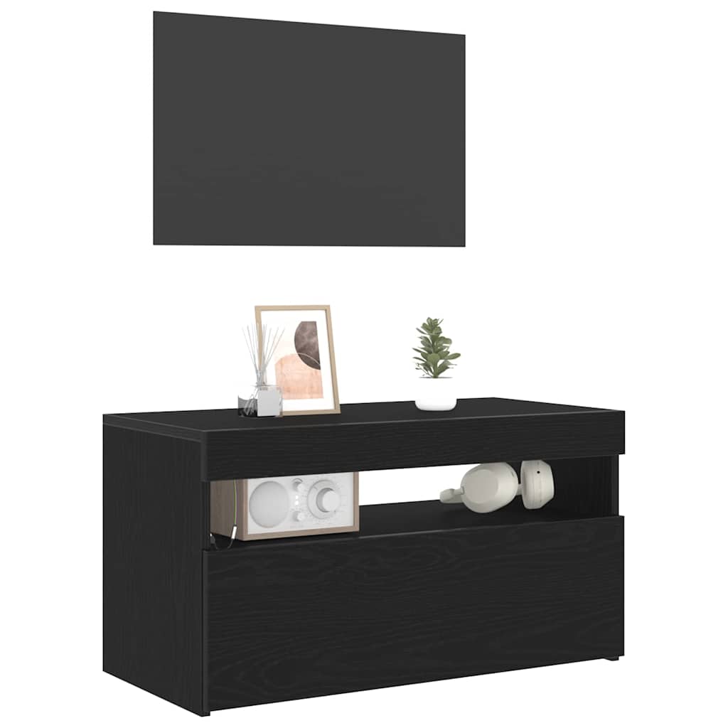 TV Cabinet with LED Black Oak 75 x 35 x 40 cm Engineered Wood