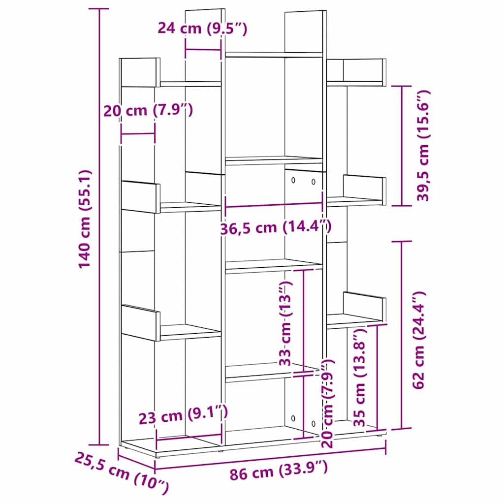 Bookcase 13-Tier 86 x 25.5 x 140 cm Engineered Wood Black Oak