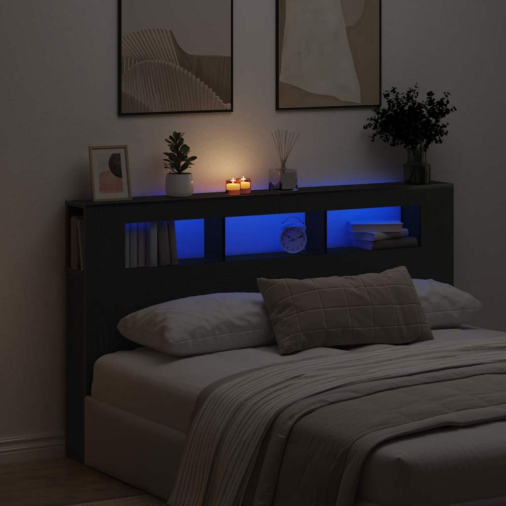 LED Headboard Black Oak 180 x 18.5 x 103.5 cm Engineered Wood