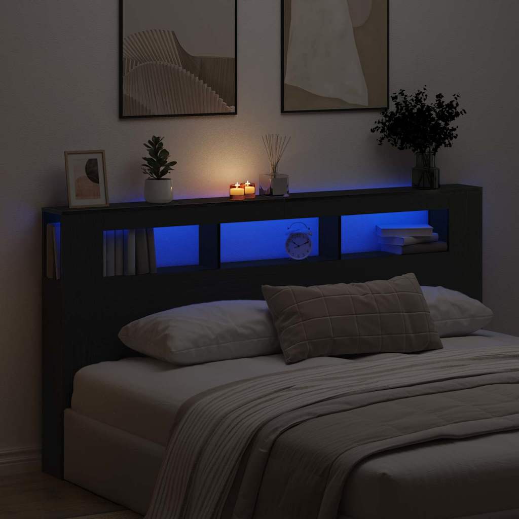 LED Headboard Black Oak 200 x 18.5 x 103.5 cm Engineered Wood