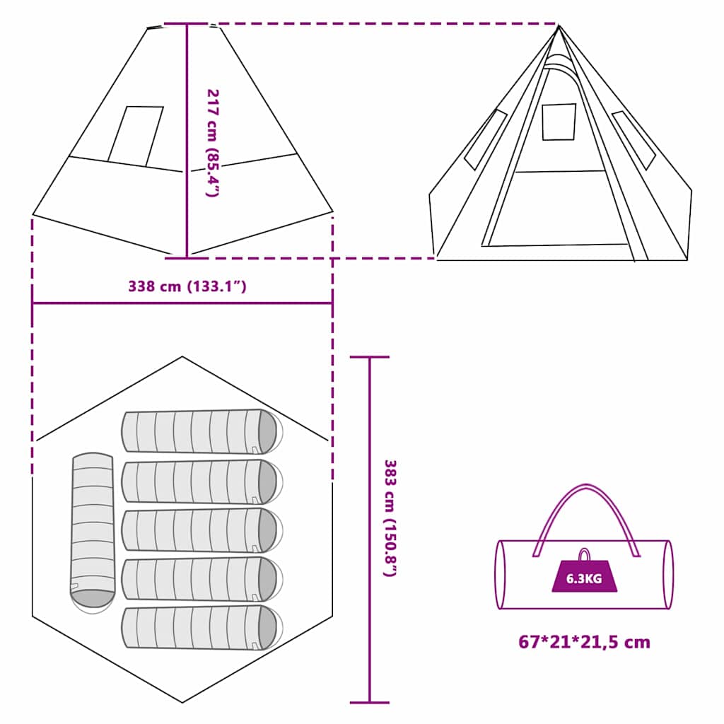 Tipi Tent with Roof Green 383 x 338 x 217 cm Taffeta