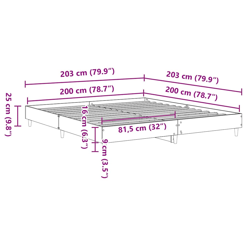 Bed Frame Black Oak 203 x 203 x 25 cm Engineered Wood