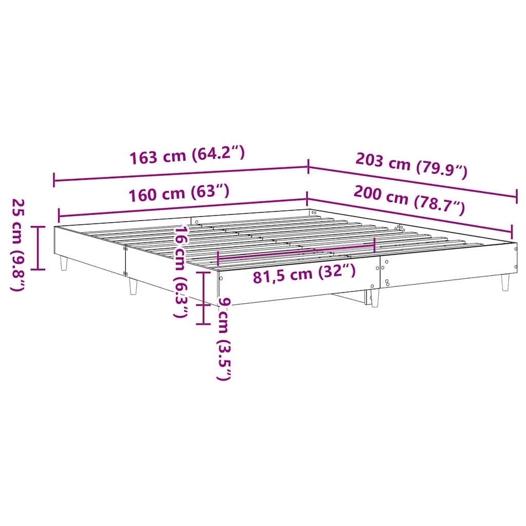 Bed Frame Black Oak 203 x 163 x 25 cm Engineered Wood