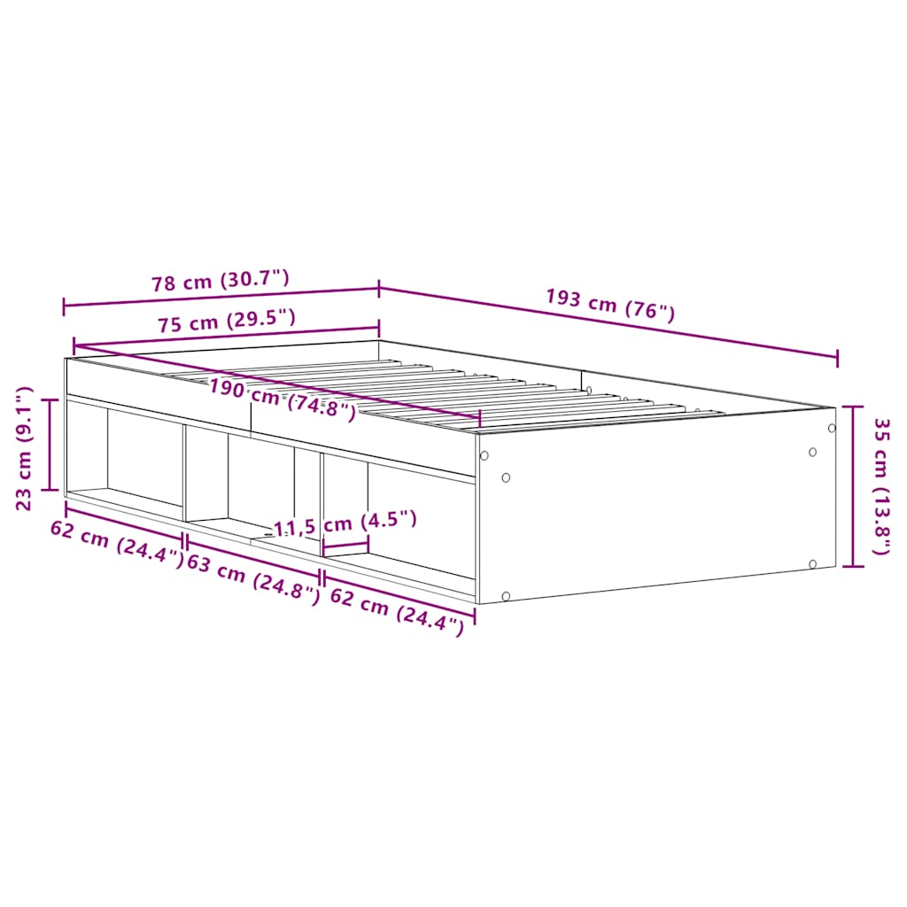 Bed Frame without Mattress Old Wood 75x190 cm Engineered Wood
