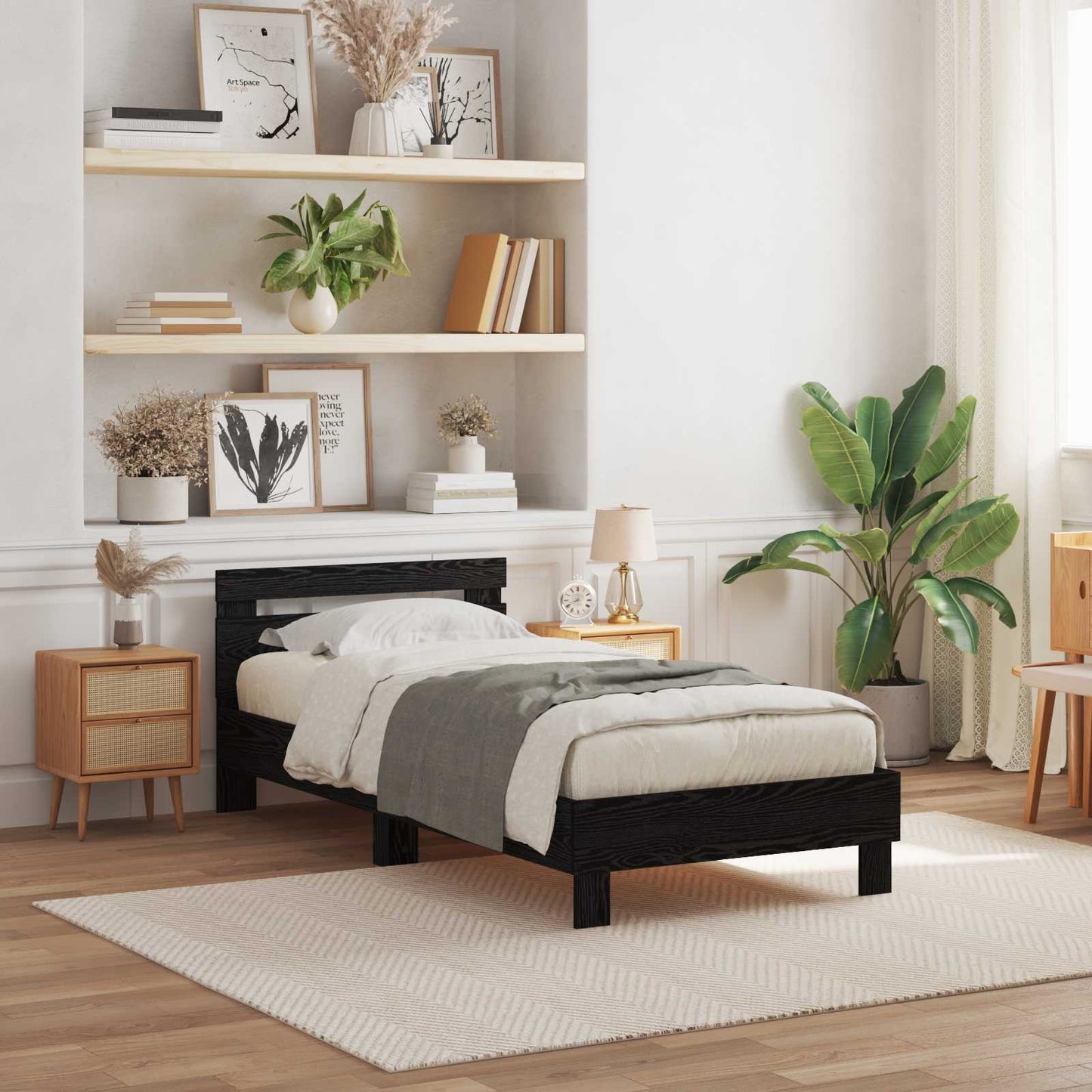 Bed Frame with LED Black Oak 100 x 200 cm Engineered Wood