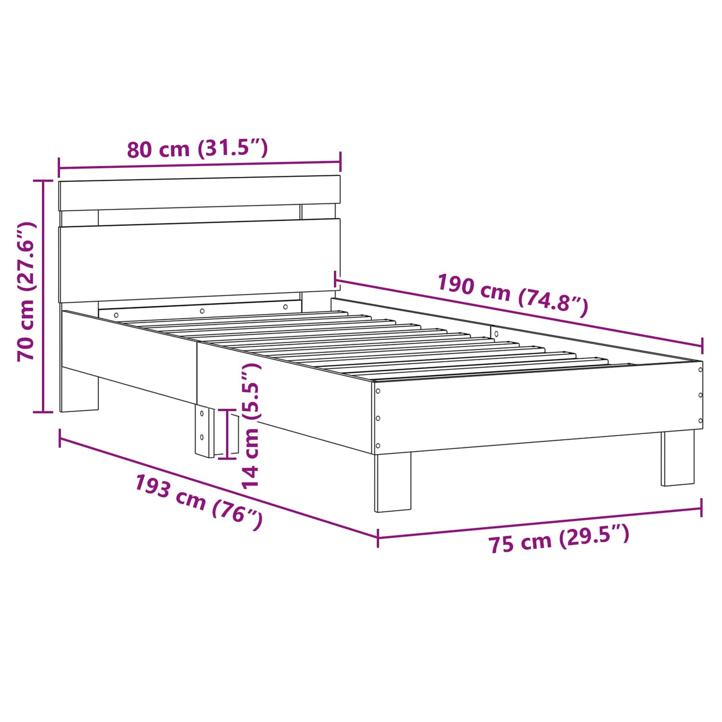 Bed Frame with LED Artisan Oak 75 x 190 cm Engineered Wood