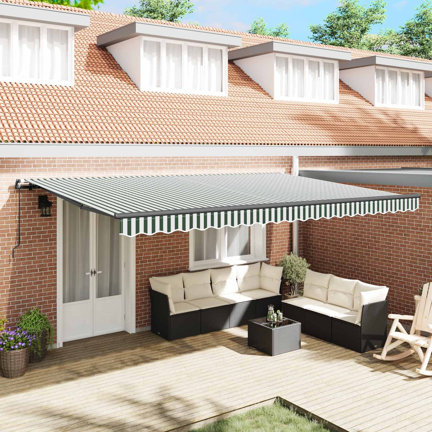 Retractable Awning Manual Green and White 500 x 350 cm