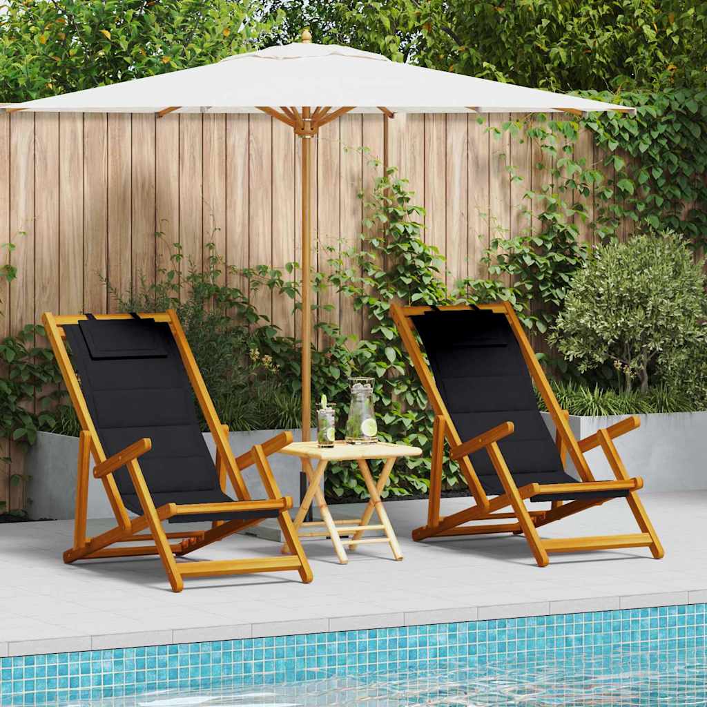 Beach Chair with Cushion Folding 2 pcs Brown Solid Acacia Wood
