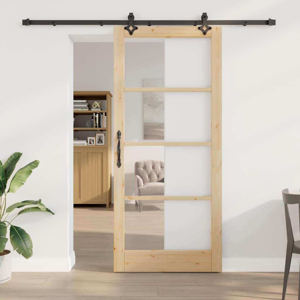 Sliding Door Natural 93 x 211 cm Solid Pine Wood and Glass