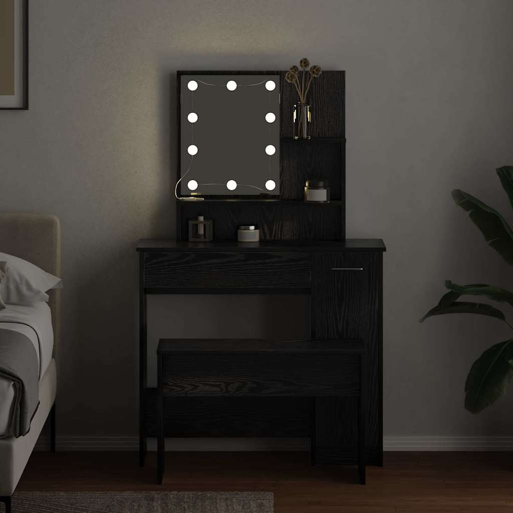 LED Dressing Table Set 2 pcs Black Oak Engineered Wood