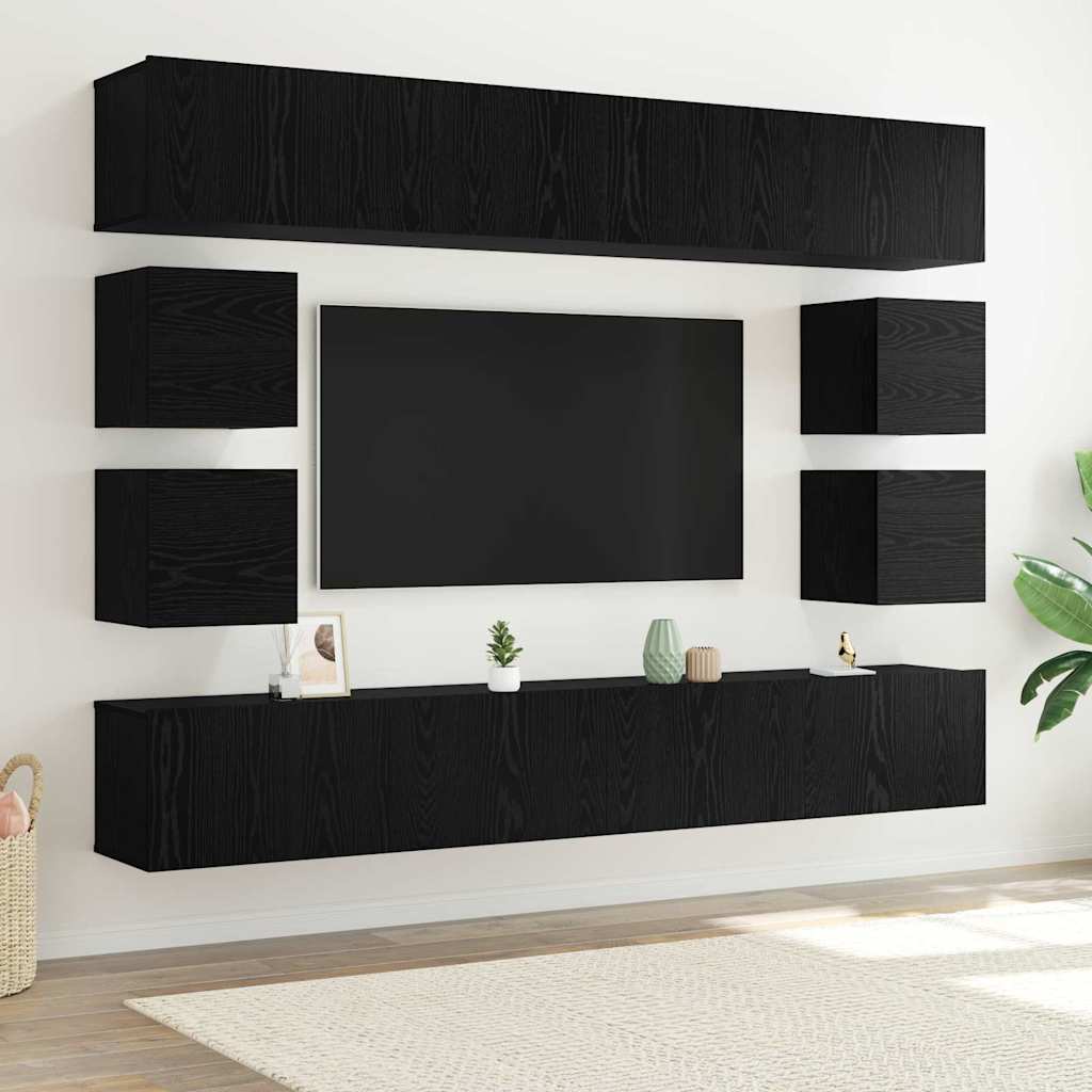 TV Cabinet Set Wall-mounted 8 pcs Black Oak Engineered Wood