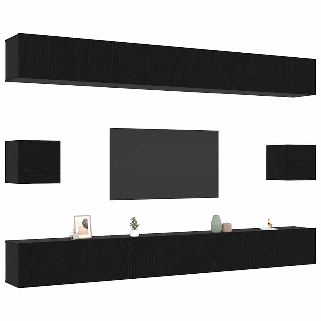 TV Cabinet Set Wall-mounted 8 pcs Black Oak Engineered Wood