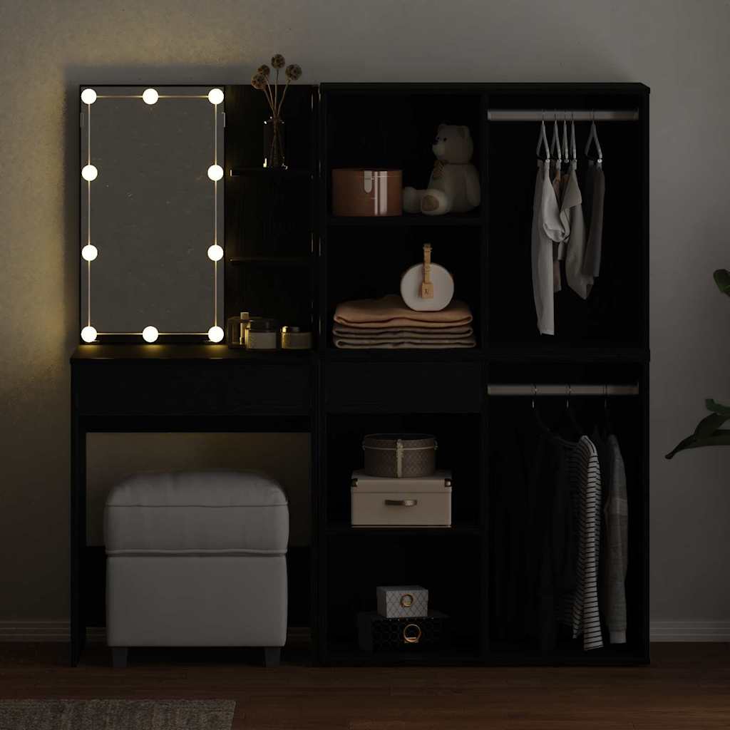 LED Dressing Table Set with Drawer Black Oak 140 x 40 x 140 cm