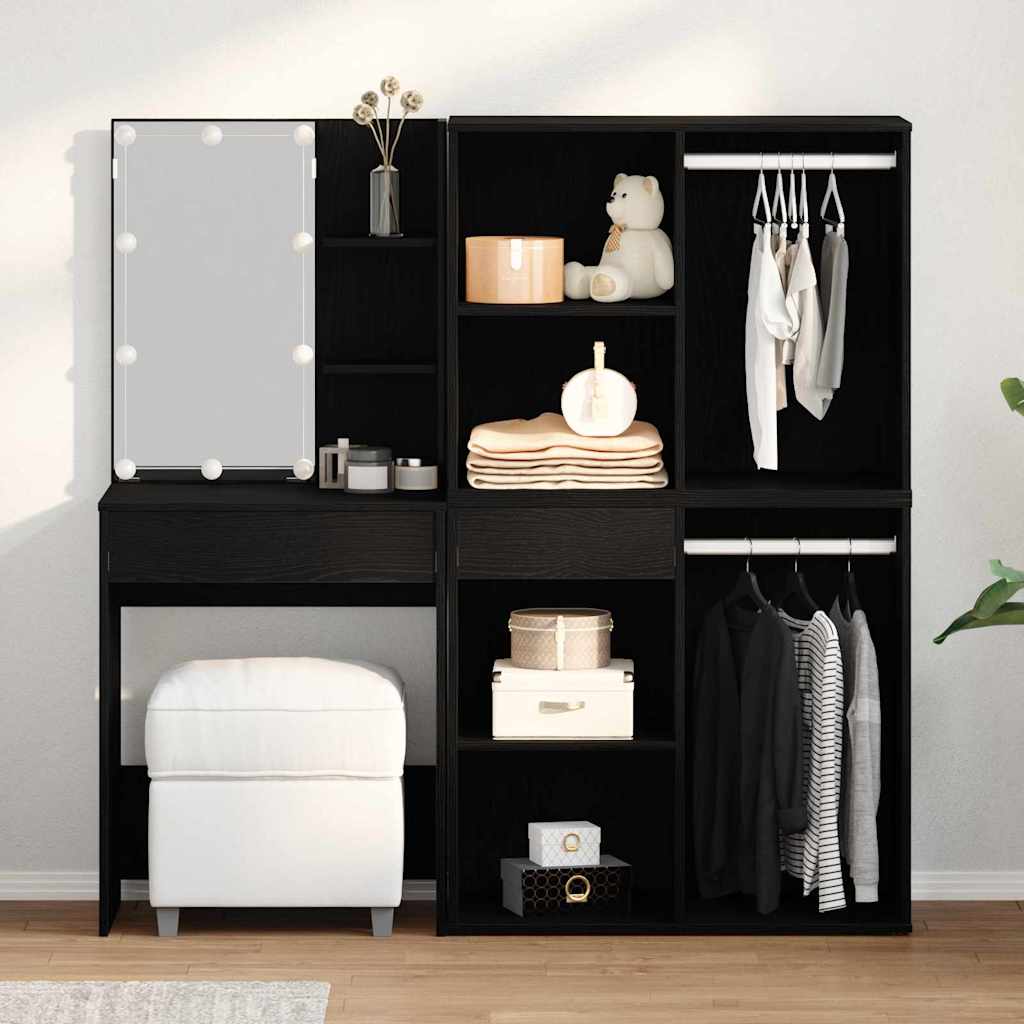 LED Dressing Table Set with Drawer Black Oak 140 x 40 x 140 cm