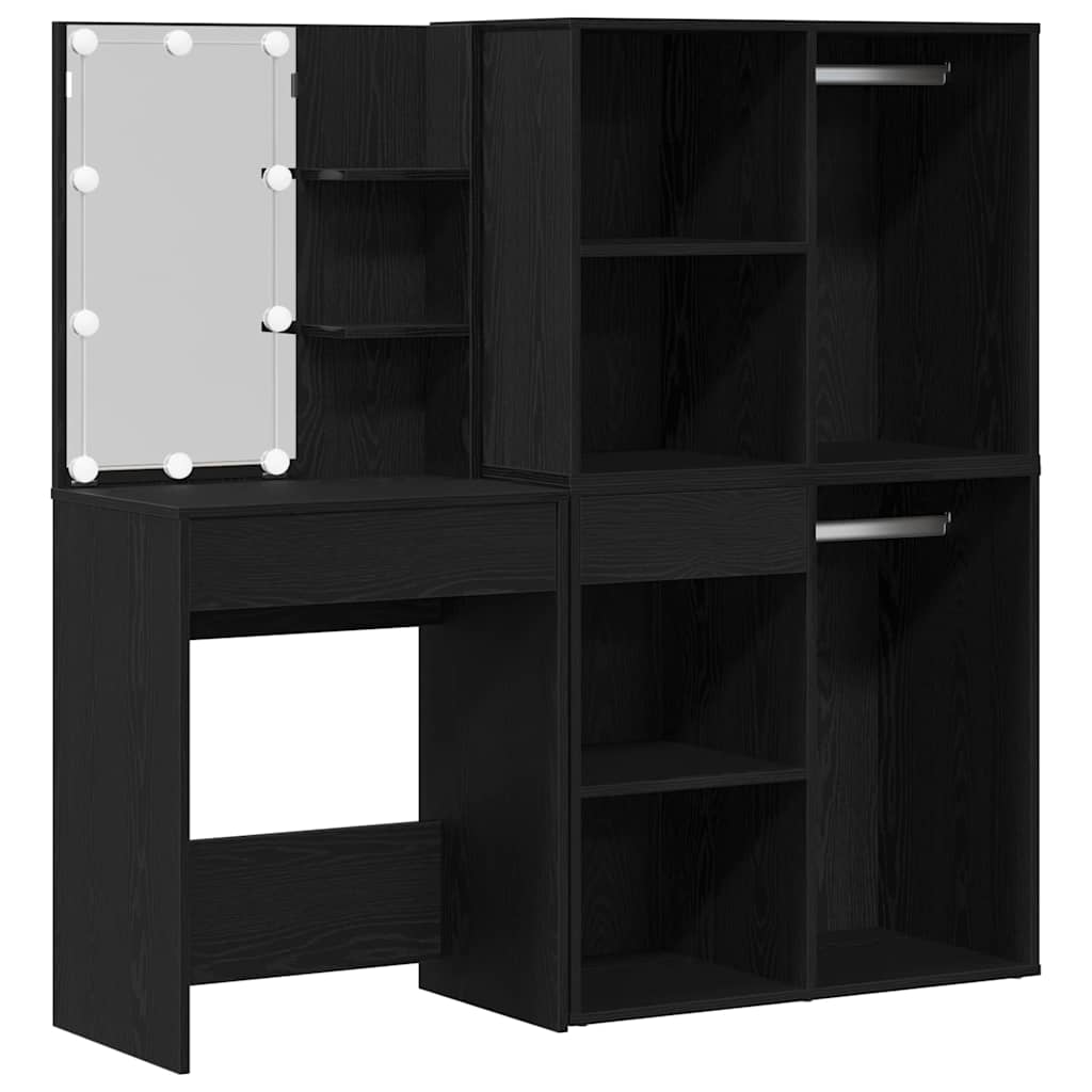 LED Dressing Table Set with Drawer Black Oak 140 x 40 x 140 cm