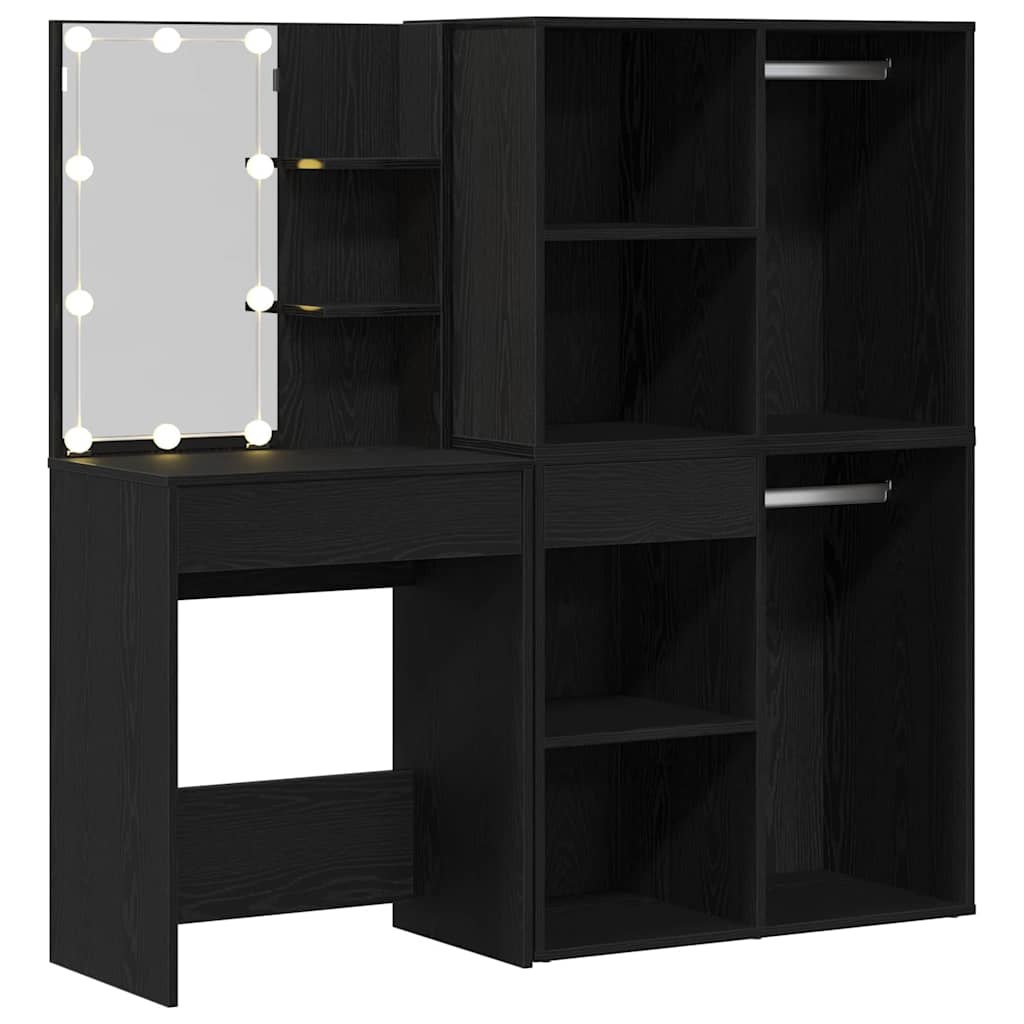 LED Dressing Table Set with Drawer Black Oak 140 x 40 x 140 cm