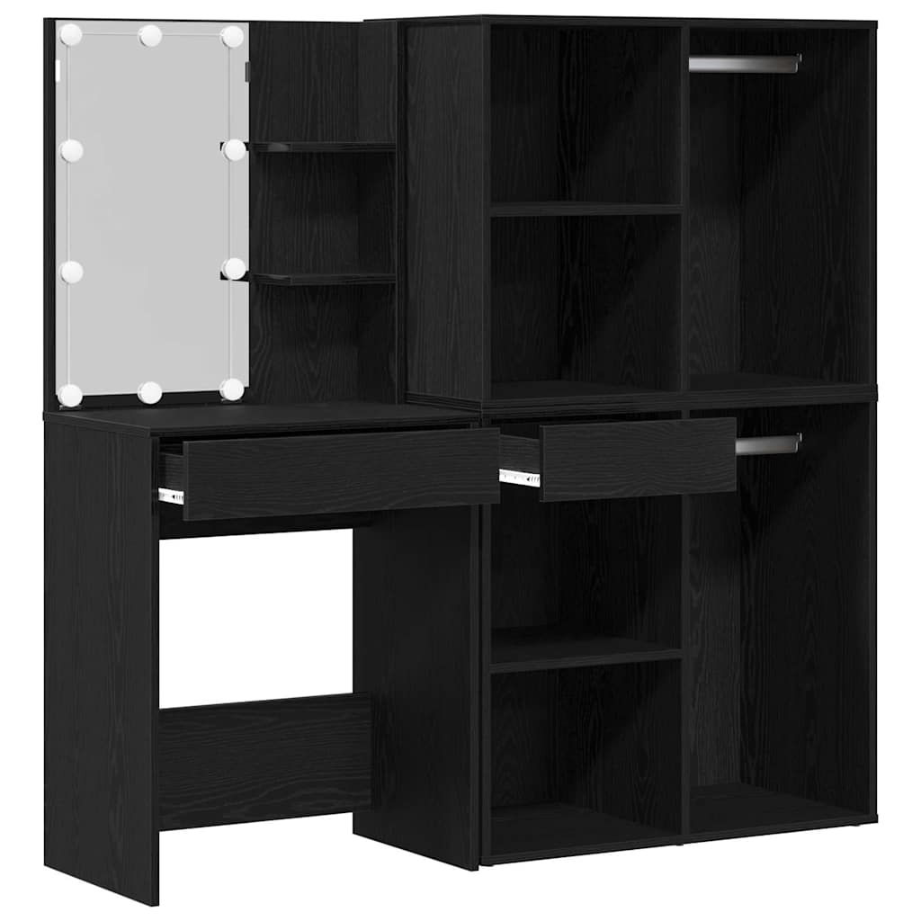 LED Dressing Table Set with Drawer Black Oak 140 x 40 x 140 cm