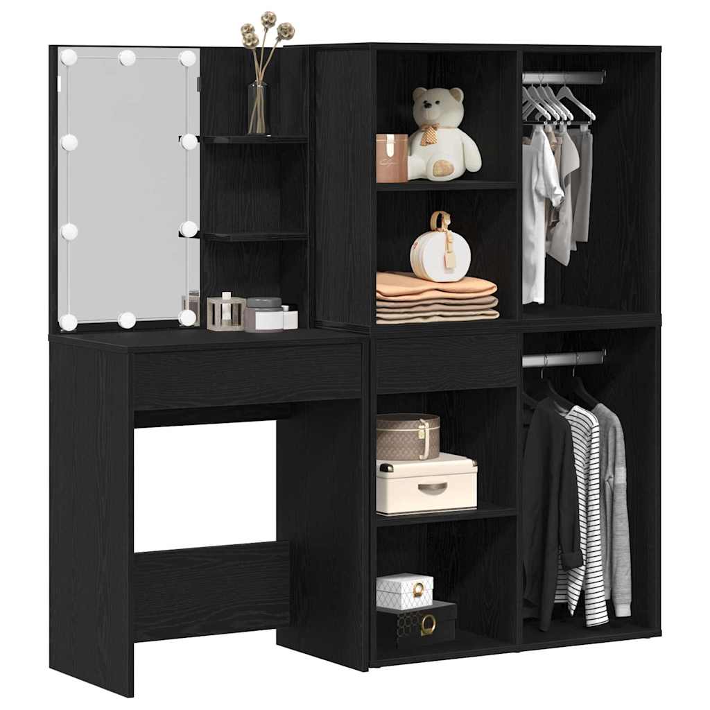 LED Dressing Table Set with Drawer Black Oak 140 x 40 x 140 cm