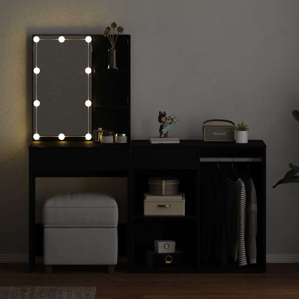 LED Dressing Table Set with Drawer Black Oak 140 x 40 x 140 cm