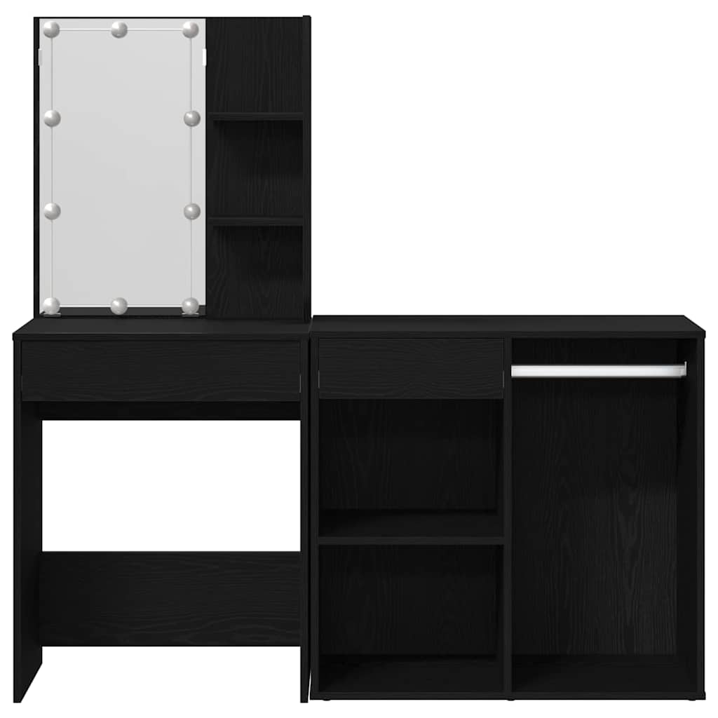 LED Dressing Table Set with Drawer Black Oak 140 x 40 x 140 cm