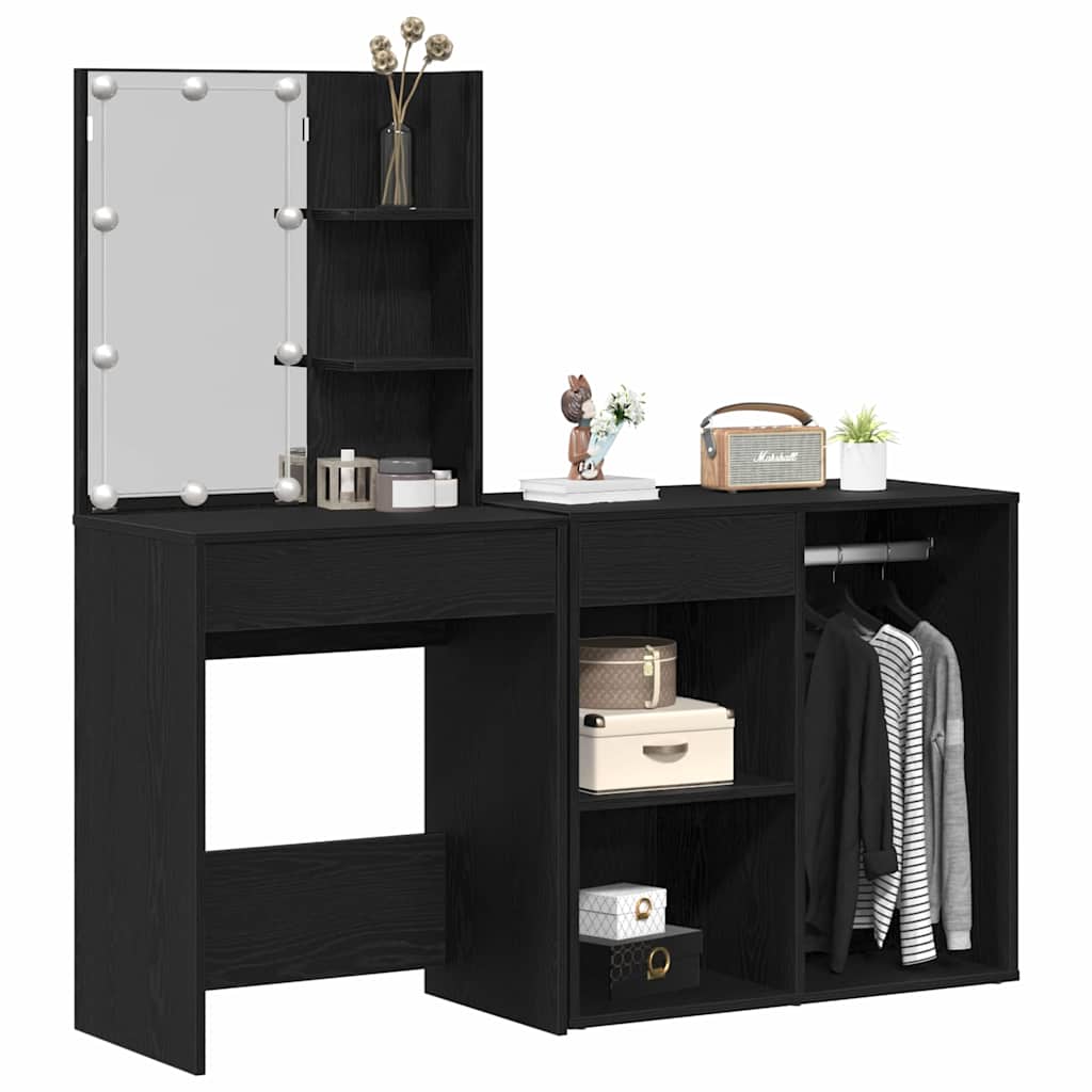 LED Dressing Table Set with Drawer Black Oak 140 x 40 x 140 cm