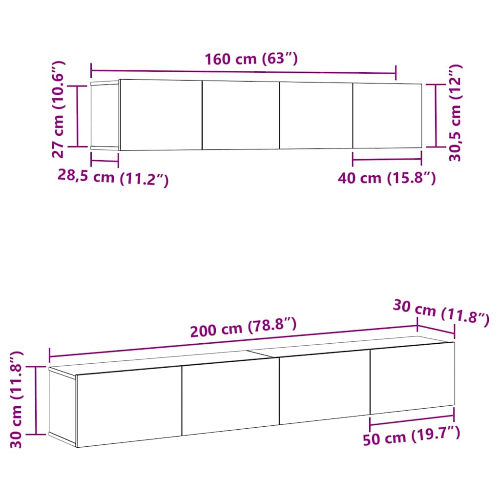TV Cabinet Set Wall-mounted 4 pcs Black Oak Engineered Wood