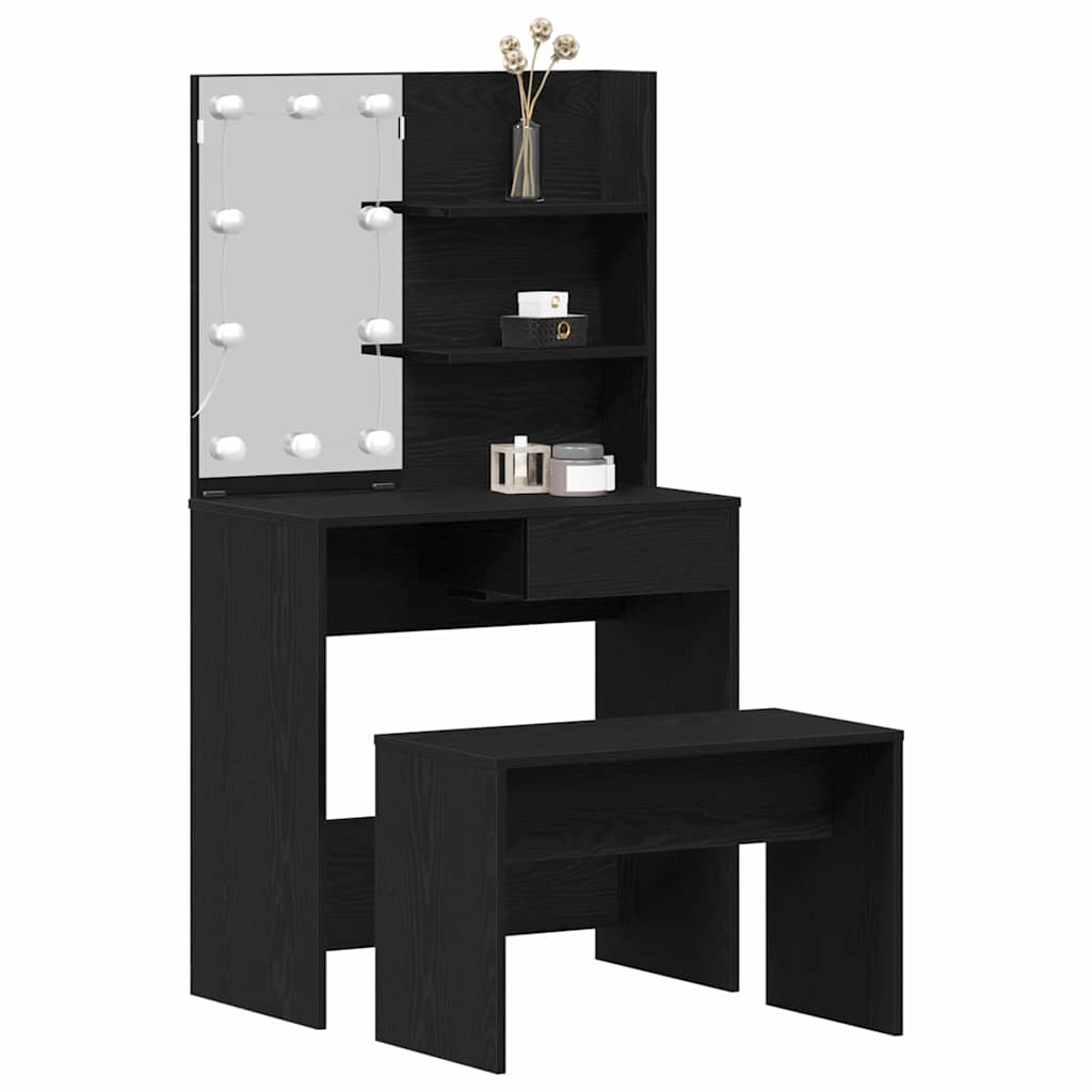 LED Dressing Table Set 2 pcs Black Oak Engineered Wood