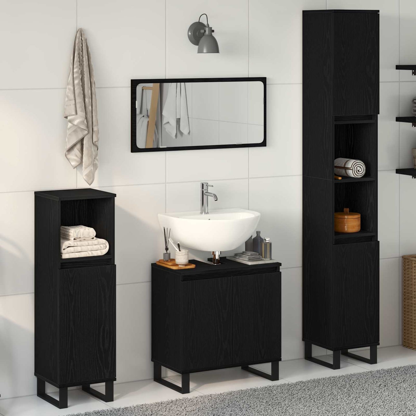Bathroom Furniture Set Wall-mounted with Door 3 pcs Black Oak