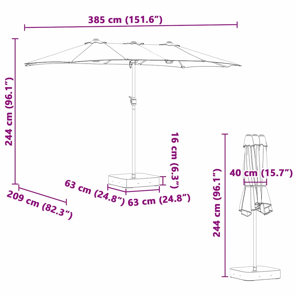 Garden Parasol Black 385 x 209 x 244 cm Polyester and Steel