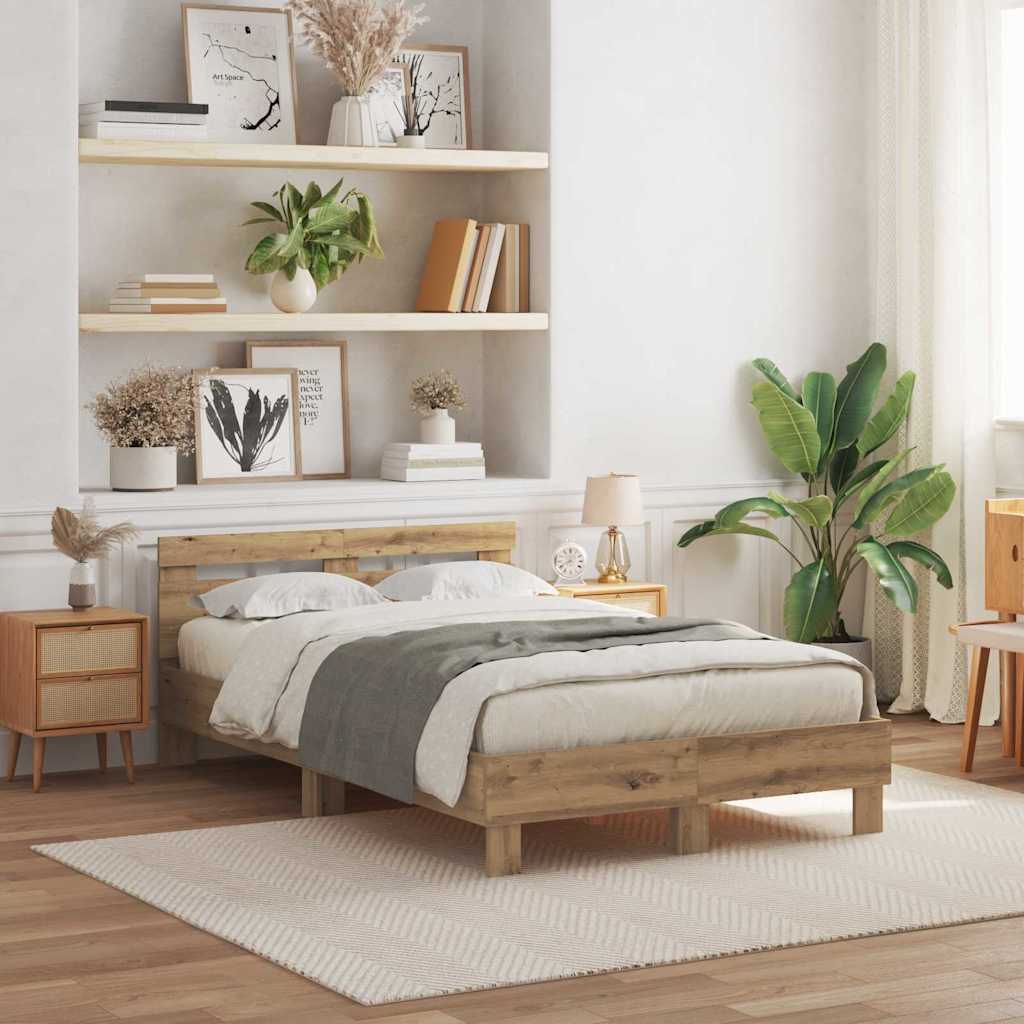 Bed Frame with LED Artisan Oak 135 x 190 cm Engineered Wood