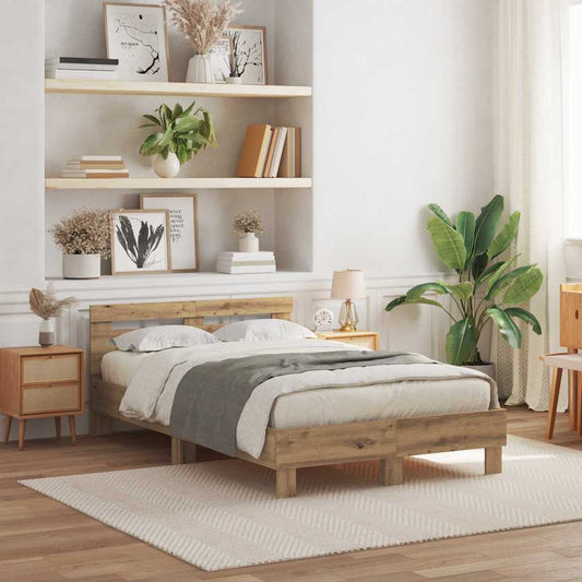 Bed Frame with LED Artisan Oak 135 x 190 cm Engineered Wood