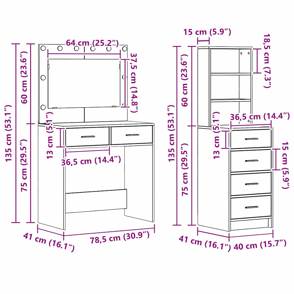 Dressing Table Black 78.5 x 41 x 135 cm Engineered wood