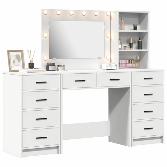 Dressing Table with Mirror Lights 3 pcs White Engineered Wood
