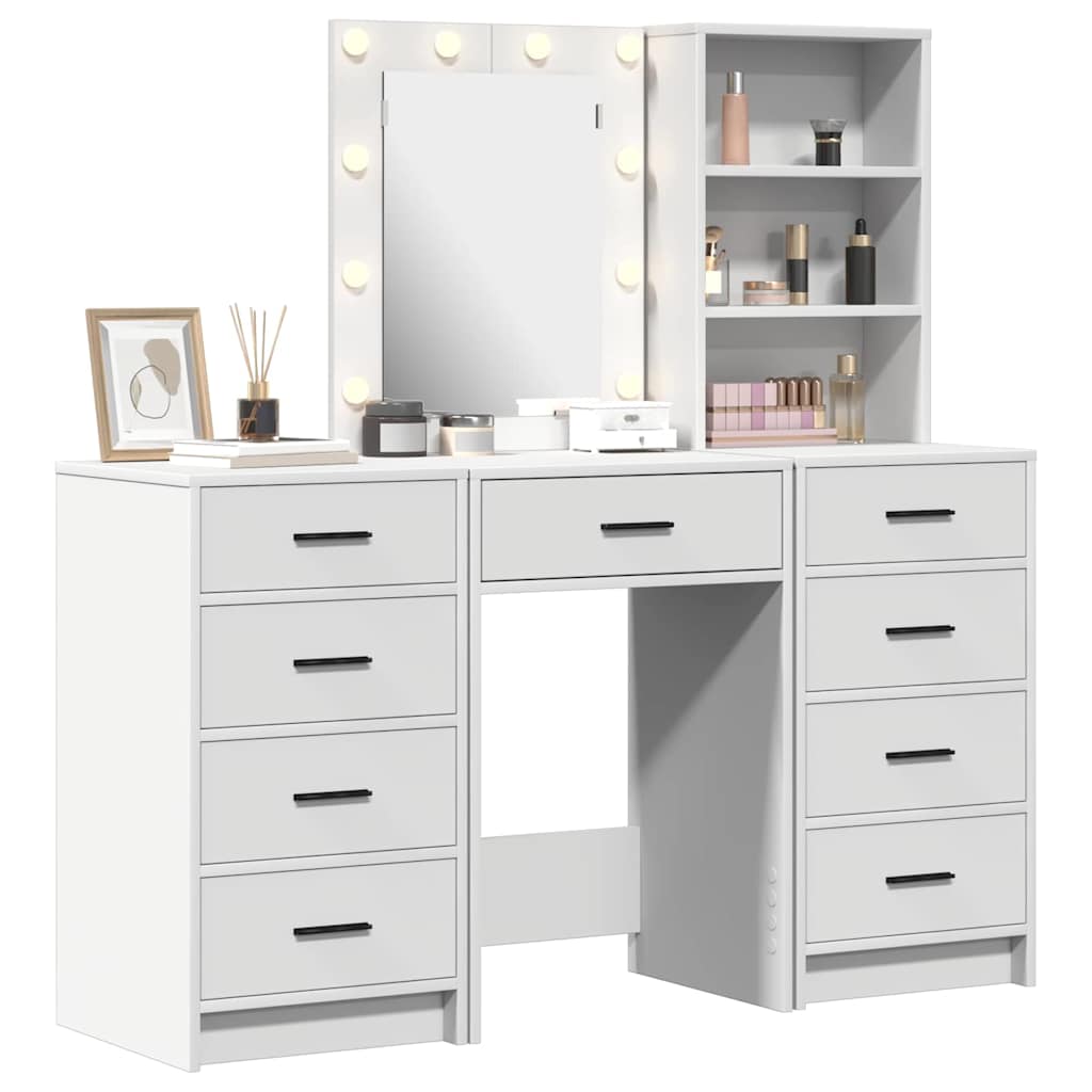 Dressing Table with Mirror Lights 3 pcs White Engineered wood