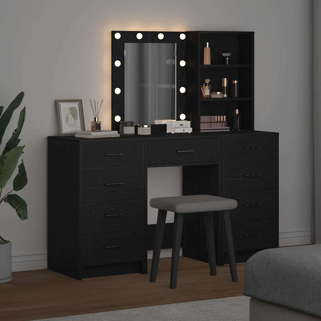 Dressing Table with Mirror Lights 3 pcs Black Engineered wood