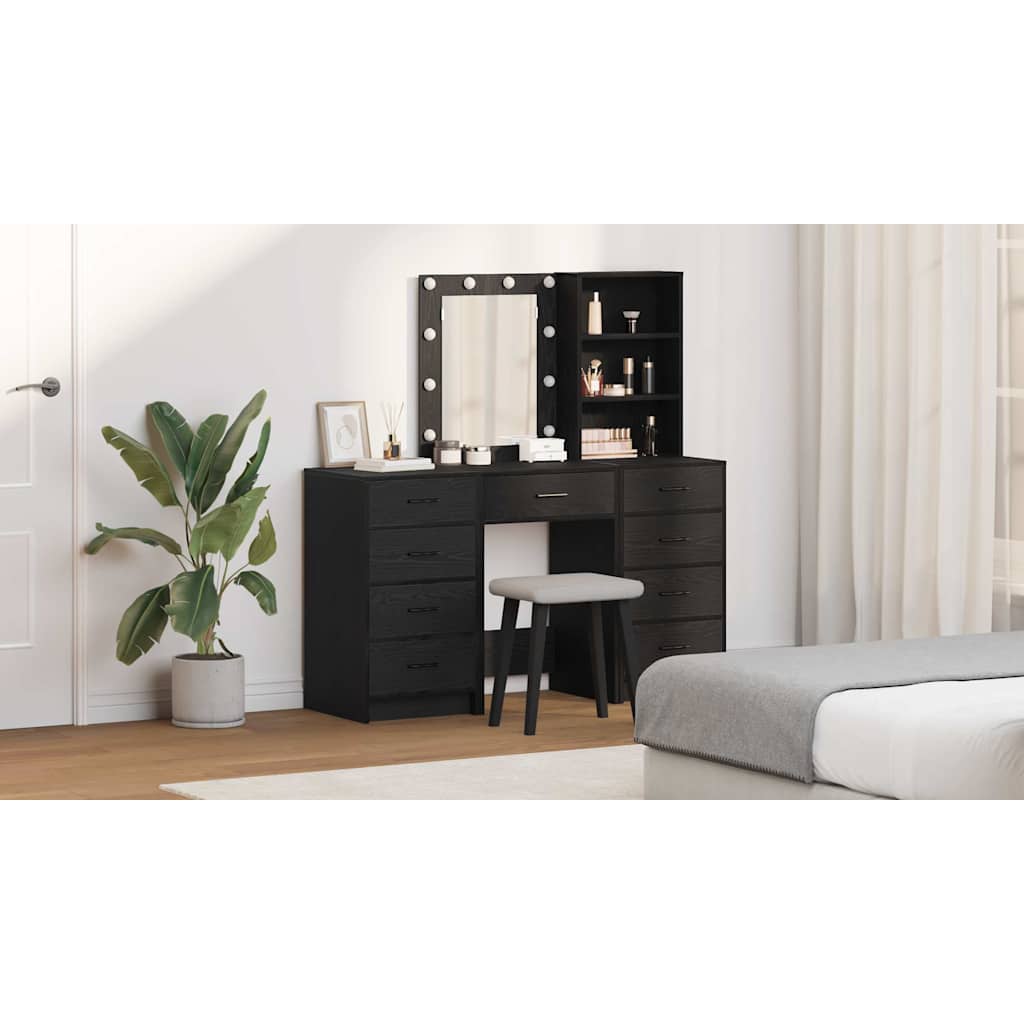 Dressing Table with Mirror Lights 3 pcs Black Engineered wood