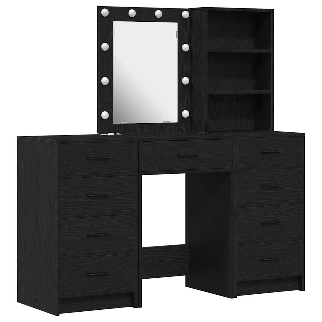Dressing Table with Mirror Lights 3 pcs Black Engineered wood