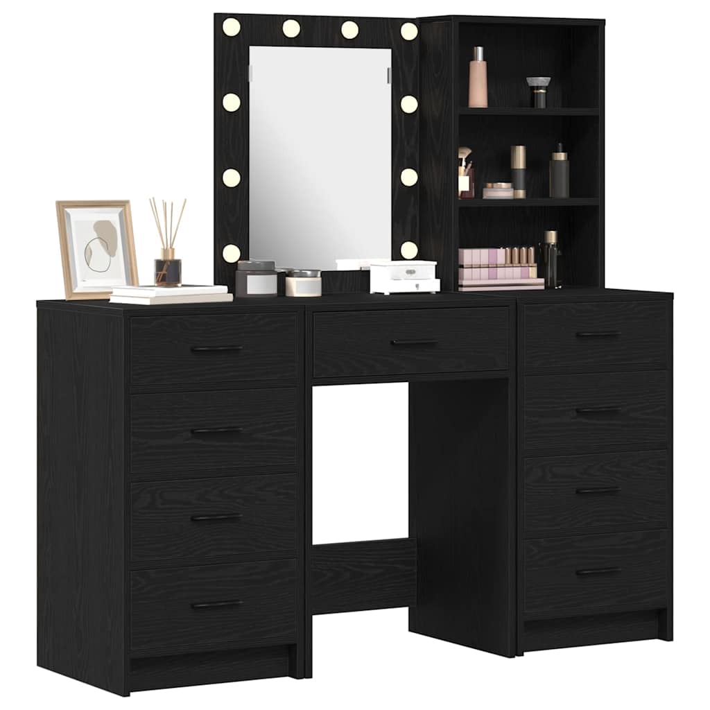 Dressing Table with Mirror Lights 3 pcs Black Engineered wood