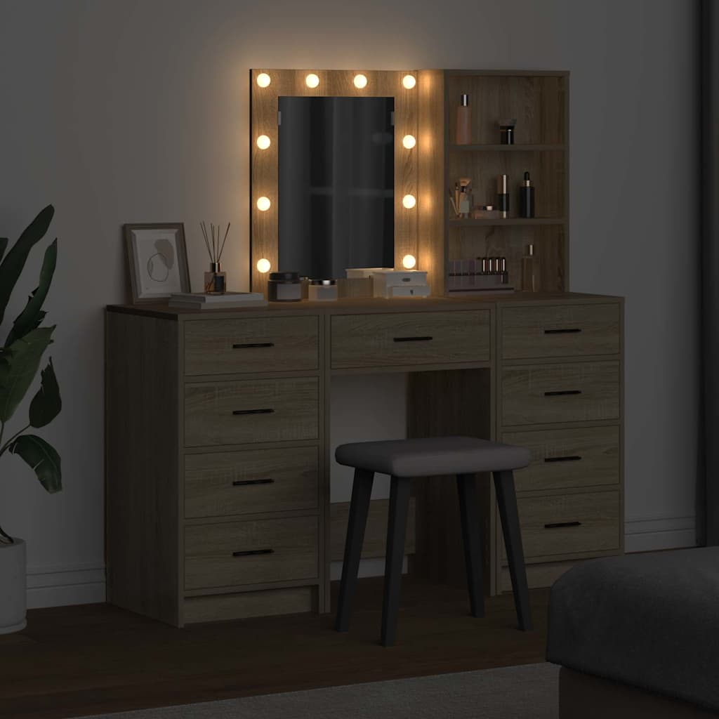 Dressing Table with Mirror Lights 3 pcs Brown Engineered wood