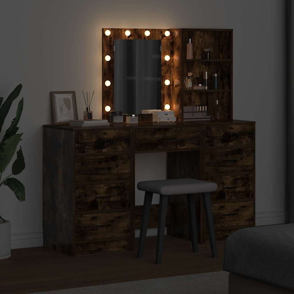 Dressing Table with Mirror Lights 3 pcs Brown Engineered wood
