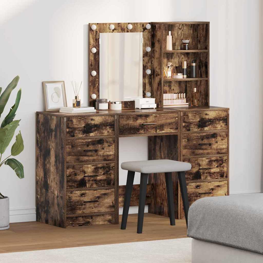 Dressing Table with Mirror Lights 3 pcs Brown Engineered wood