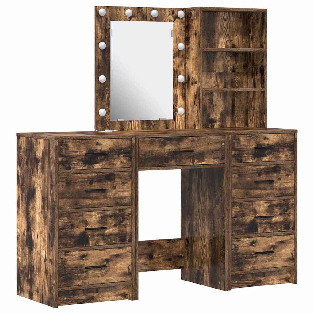 Dressing Table with Mirror Lights 3 pcs Brown Engineered wood
