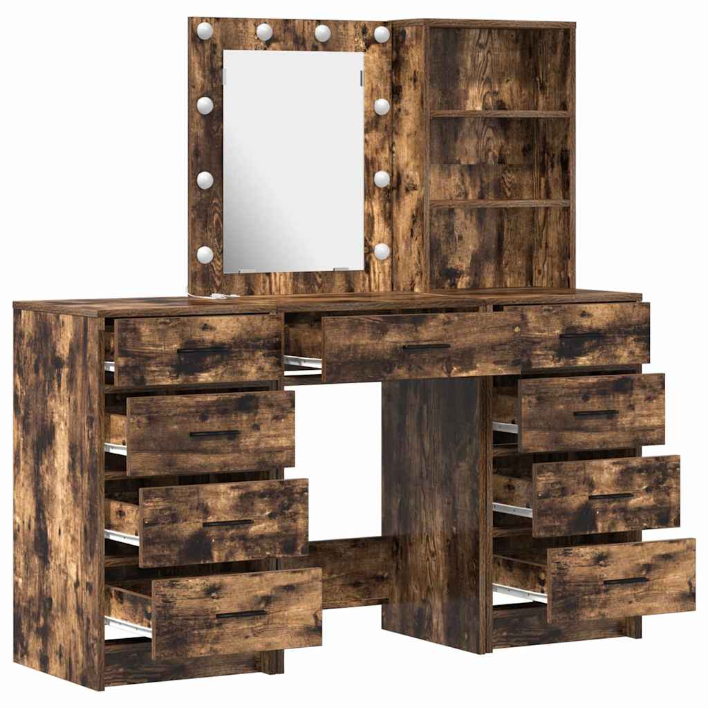 Dressing Table with Mirror Lights 3 pcs Brown Engineered wood