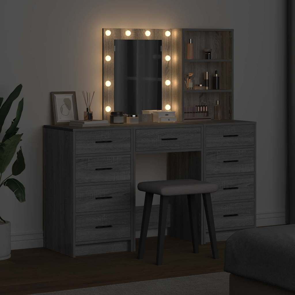 Dressing Table with Mirror Lights 3 pcs Grey Engineered wood