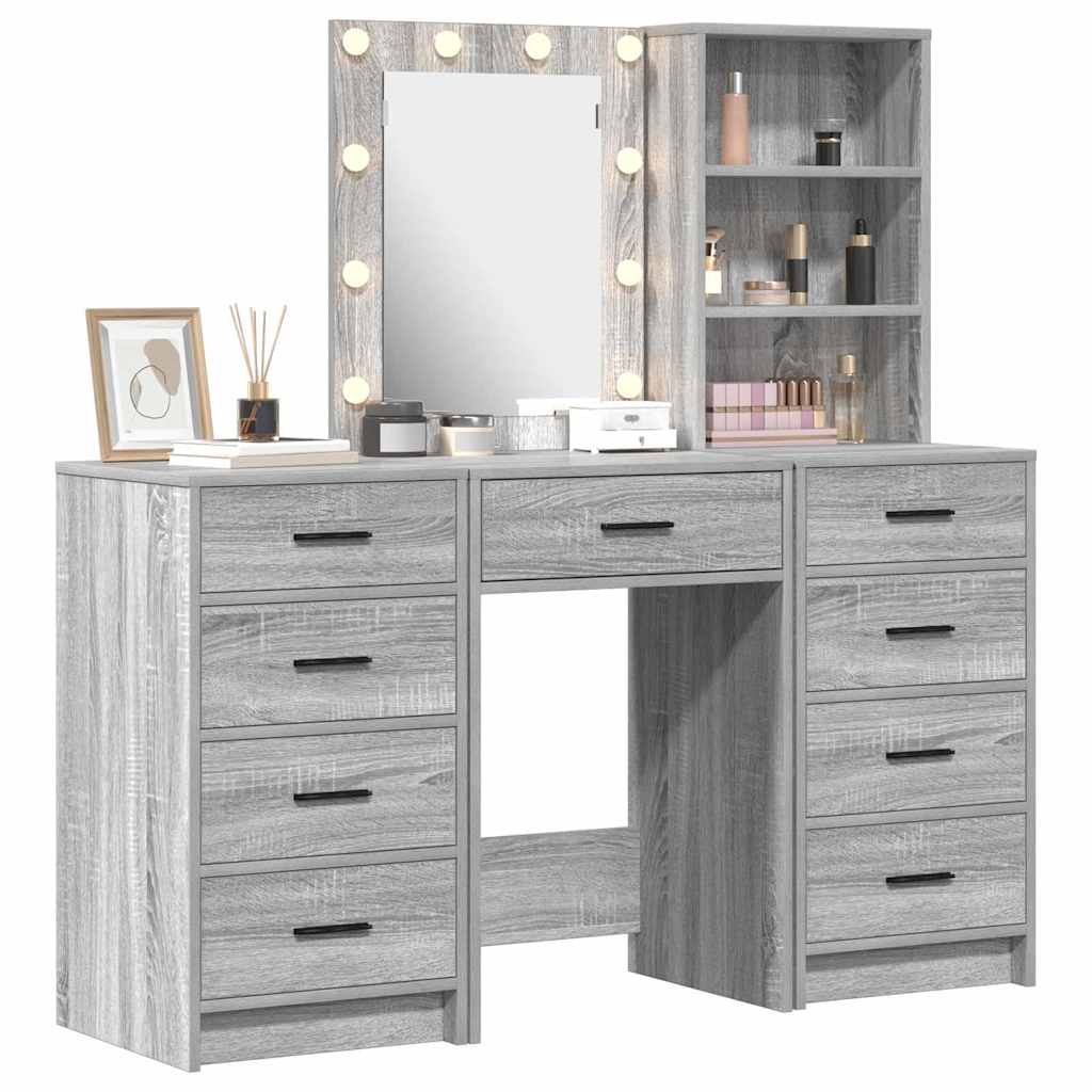 Dressing Table with Mirror Lights 3 pcs Grey Engineered wood