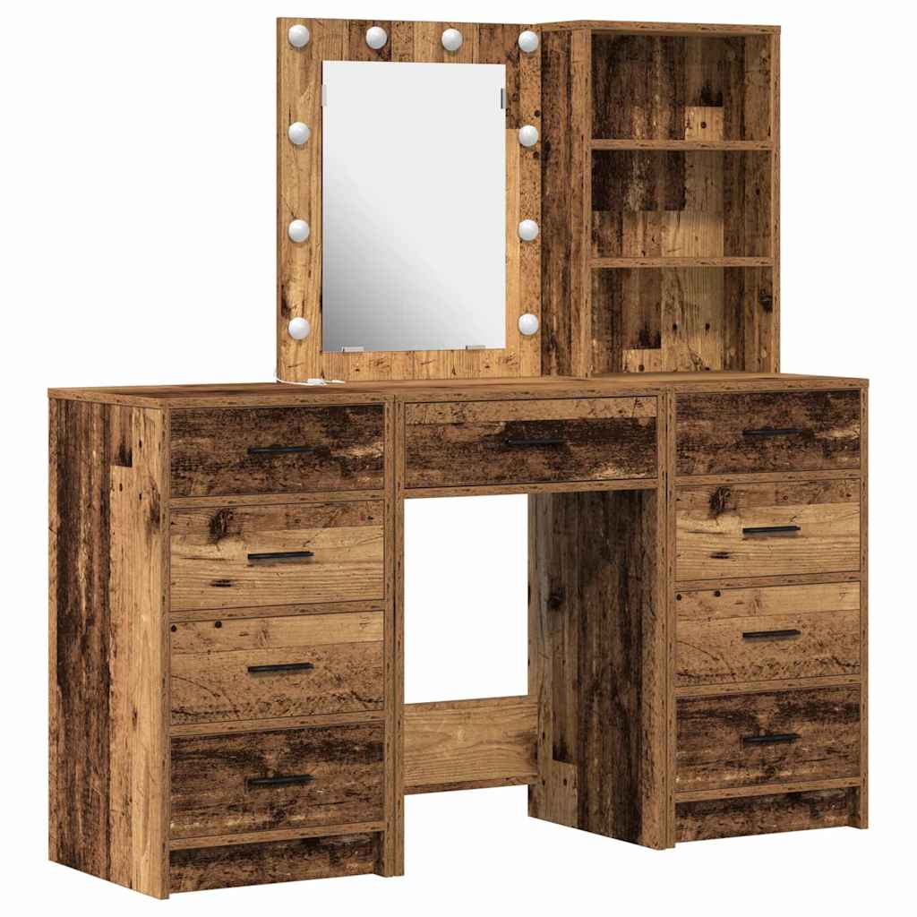 Dressing Table with Mirror Lights 3 pcs Brown Engineered wood