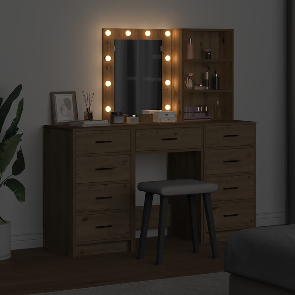 Dressing Table with Mirror Lights 3 pcs Brown Engineered wood